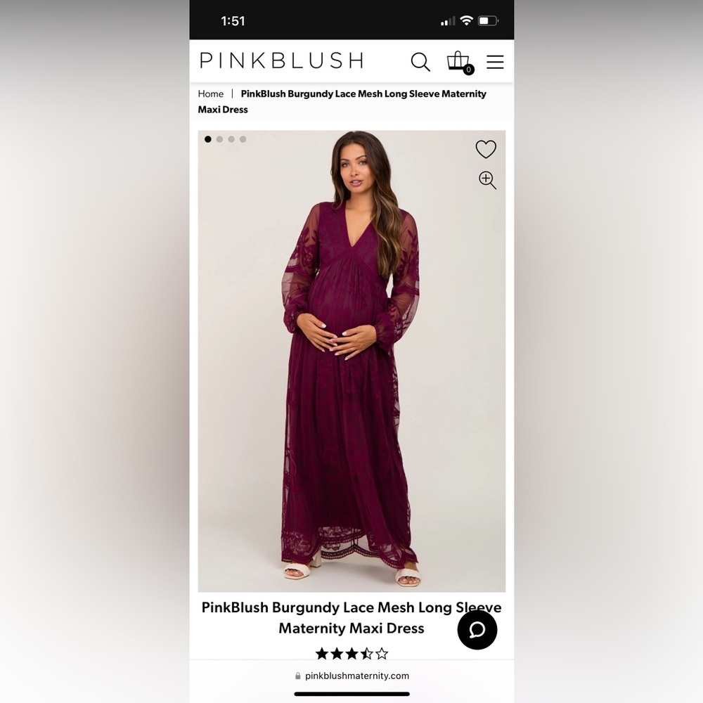PinkBlush Burgundy Lace Mesh Long Sleeve Maternity Maxi, size L